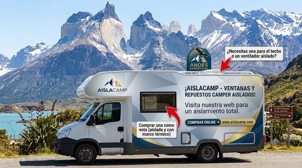 AISLACAMP-Kampagne auf Camper-Seitenwand vor den Anden